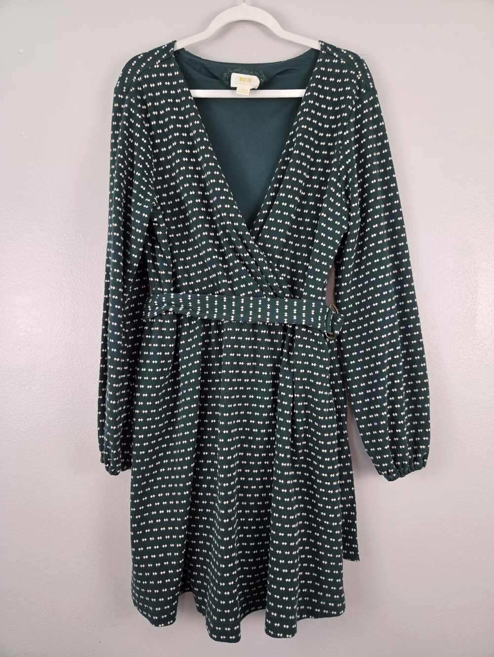 Anthropologie Maeve Green & White Knit V-neck Faux-Wrap Long-sleeve Dress W/belt